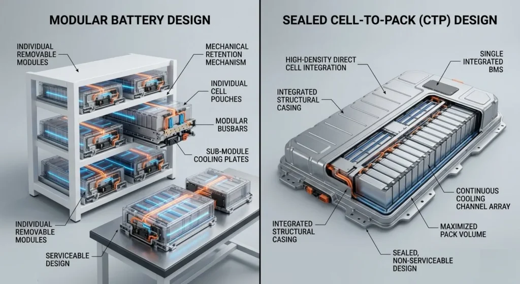 EVs Get Scrapped : A white electric SUV driving through a deep pothole on a flooded Indian road during a monsoon dusk, showing a glowing cutaway diagram of the vulnerable flat battery pack under the floorpan.