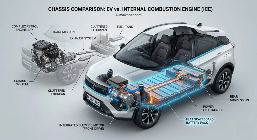EVs Get Scrapped : A studio technical cutaway diagram comparing an electric vehicle chassis showing a glowing flat skateboard battery pack and front integrated electric motor with a transparent side-by-side view of a complex petrol engine bay, transmission, and exhaust system.