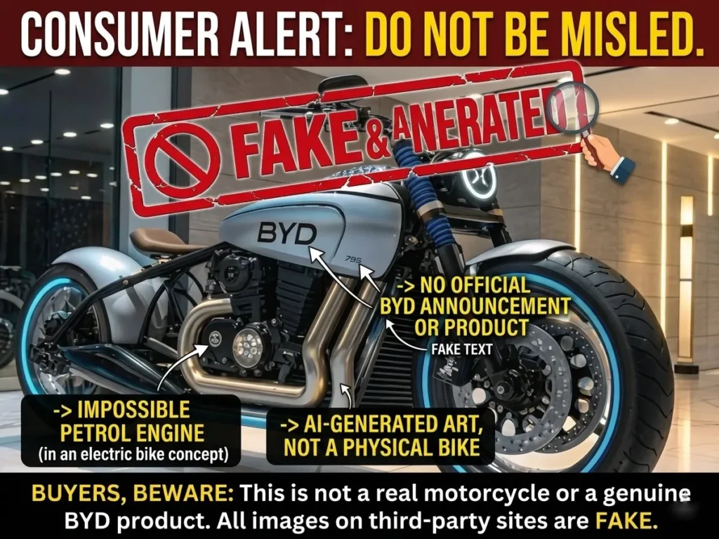 is BYD making a motorcycle : Fake AI generated BYD electric cruiser motorcycle image debunked consumer alert banner