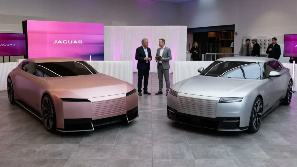 Side by side view of the boxy copper Jaguar Type 00 concept car and the sleek silver four-door Jaguar Type 01 production model displayed in a premium showroom.