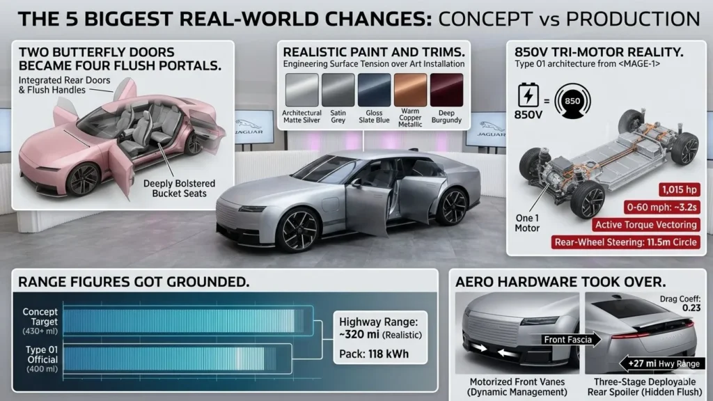 Jaguar Type 00 vs Type 01: An technical split infographic detailing the top five design and mechanical differences between the Jaguar Type 00 concept and the final production Type 01 electric GT.