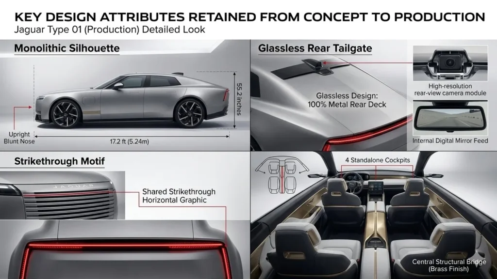 Jaguar Type 00 vs Type 01: Rear three-quarter view of the silver Jaguar Type 01 electric grand tourer showcasing the glassless rear metal deck and the full-width horizontal strikethrough taillight motif in a design studio.