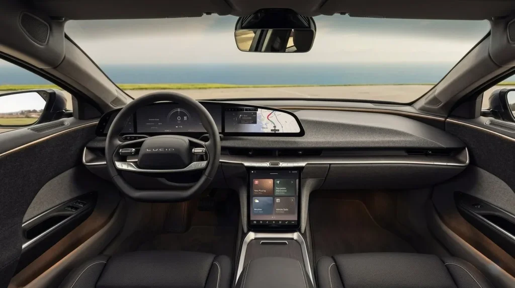 A neat layout matrix displaying pricing eligibility for the Lucid Air UX 3.0 upgrade: 2022 to 2024 requires a nine-hundred-and-fifty-dollar processor hardware upgrade, 2025 and newer receive a free over-the-air update, and 2027 has it as a standard feature