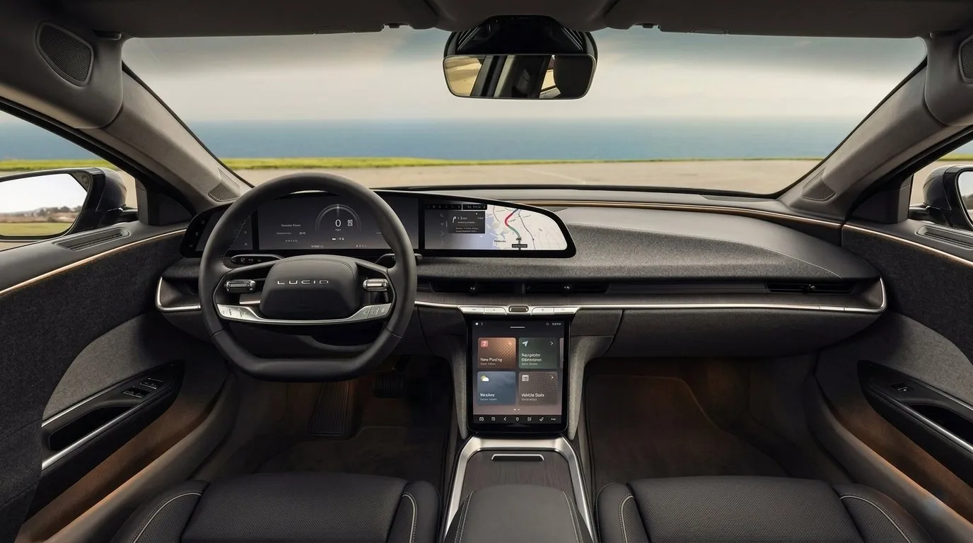 A neat layout matrix displaying pricing eligibility for the Lucid Air UX 3.0 upgrade: 2022 to 2024 requires a nine-hundred-and-fifty-dollar processor hardware upgrade, 2025 and newer receive a free over-the-air update, and 2027 has it as a standard feature