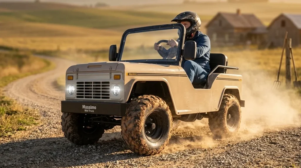A side-angle dynamic shot of a person wearing a helmet driving a cream-colored Massimo mini truck go-kart while kicking up a trail of dust on a rocky desert path during golden hour.