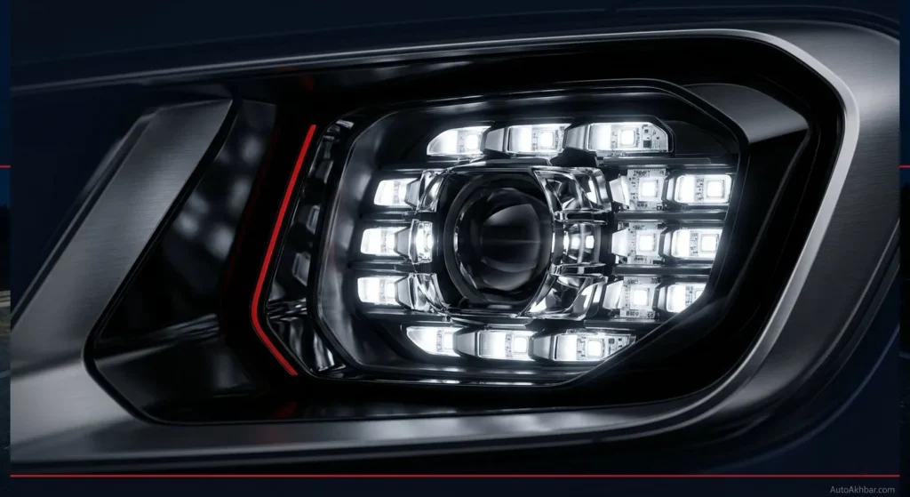 NHTSA : A close-up macro studio view of a modern matrix LED headlight assembly showcasing individual light-emitting diode segments glowing brightly against a dark structured background with soft metallic reflections.