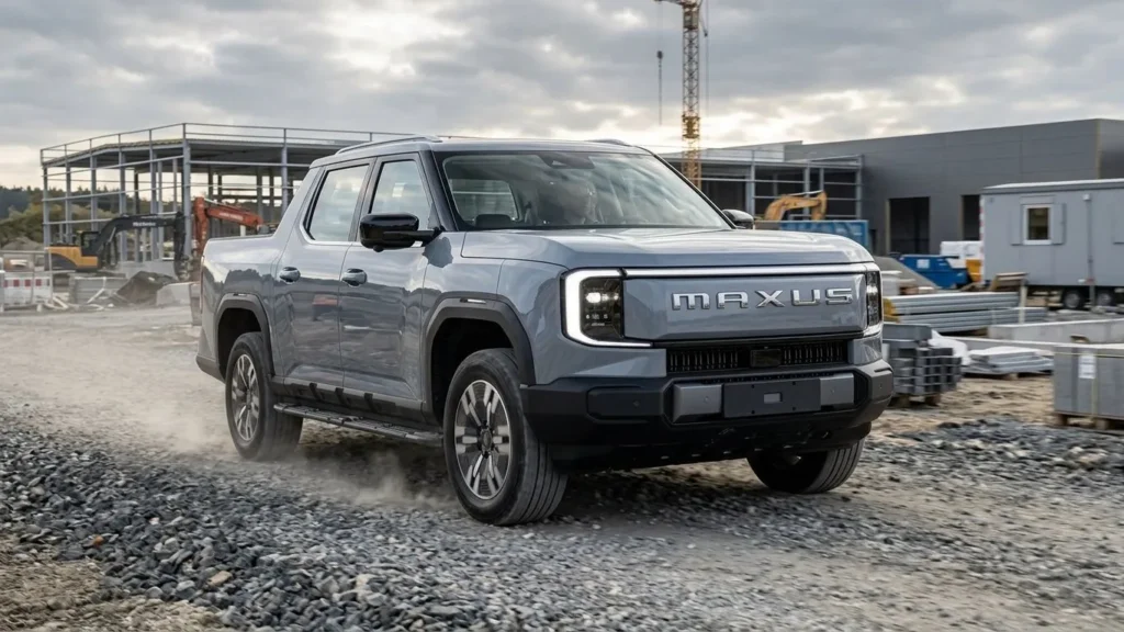 Maxus eTerron 9 dual motor electric pickup truck exterior on gravel road on Autoakhbar.com