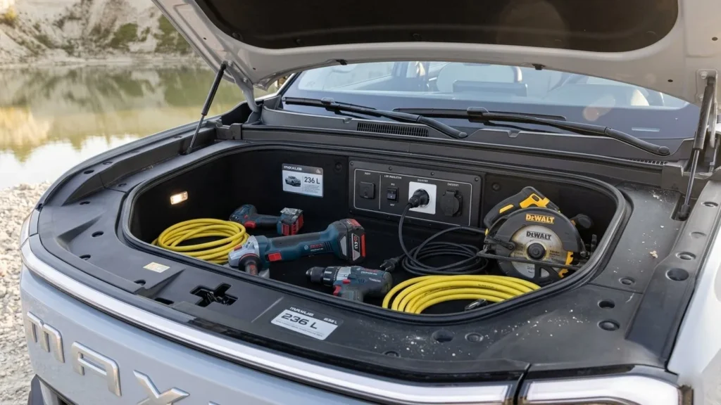 Maxus eTerron 9 front trunk storage and vehicle-to-load electrical outlets on Autoakhbar.com