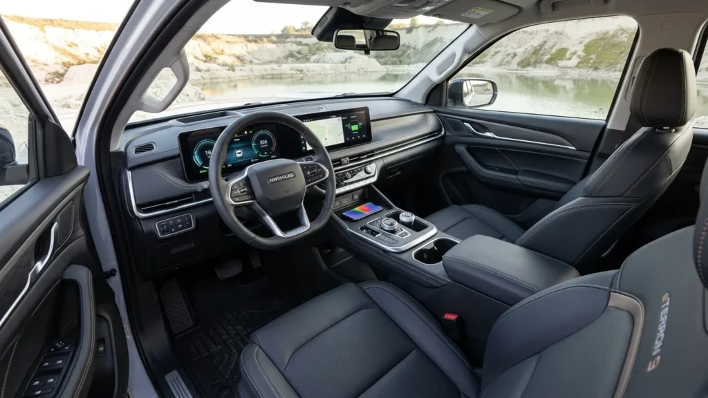 Maxus eTerron 9 interior cabin with dual digital screens and dedicated climate panel on Autoakhbar.com