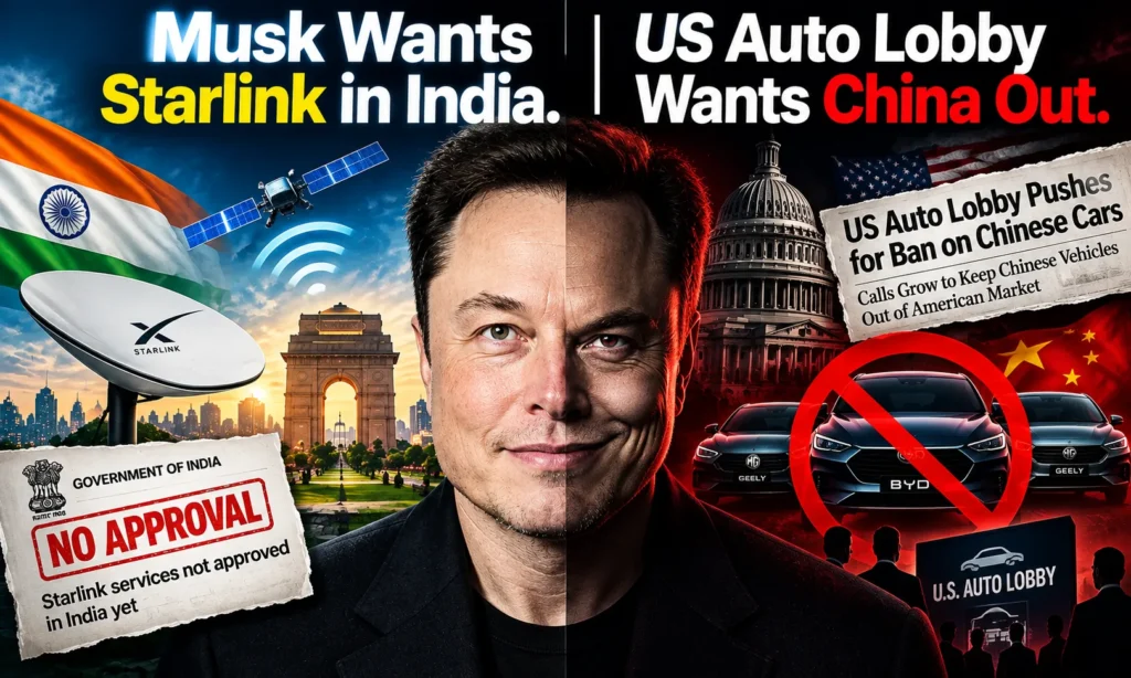 Elon Musk split-face editorial image about Starlink approval in India and the US auto lobby opposing Chinese cars.