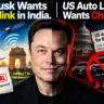 Elon Musk split-face editorial image about Starlink approval in India and the US auto lobby opposing Chinese cars.
