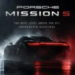 A dramatic photorealistic rear three-quarter view of the dark Porsche Mission S concept hypercar shrouded in thick red and white atmospheric smoke on a wet reflective surface with a glowing horizontal matrix LED light bar.
