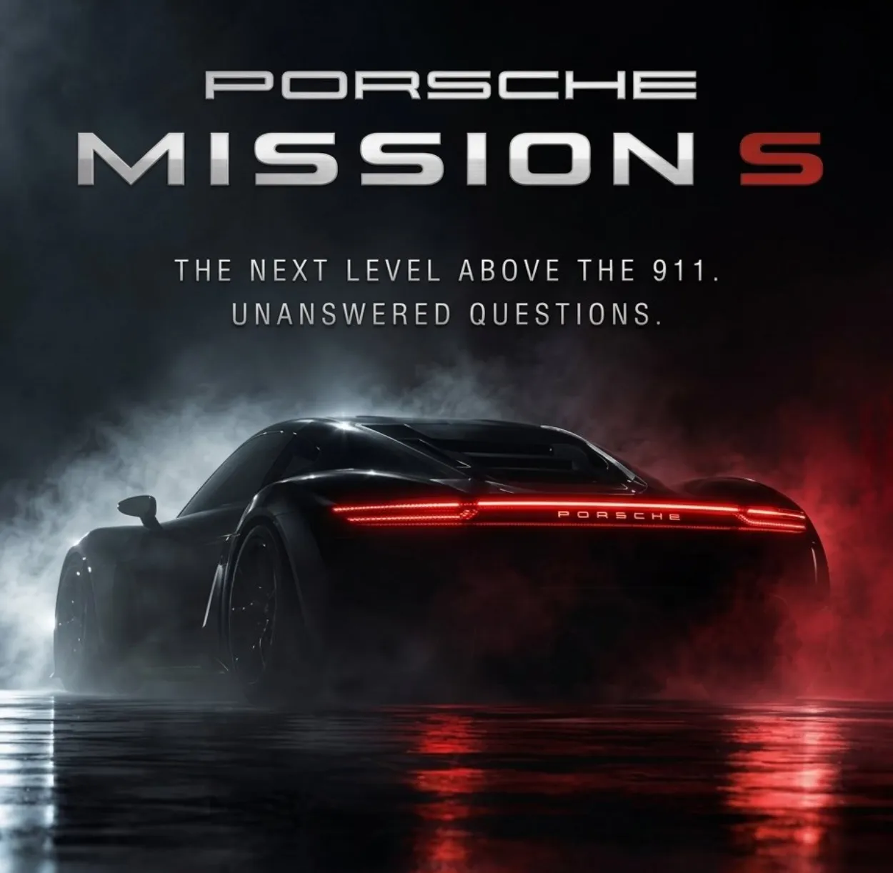 A dramatic photorealistic rear three-quarter view of the dark Porsche Mission S concept hypercar shrouded in thick red and white atmospheric smoke on a wet reflective surface with a glowing horizontal matrix LED light bar.