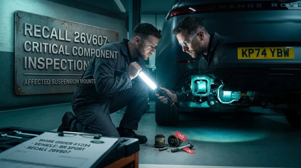 A dark grey Range Rover Sport on a workshop lift with a technician using a bright inspection light to examine the engine compartment and powertrain control module circuitry for safety recall twenty-six-V-six-zero-seven.