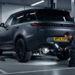 A Range Rover Sport SUV raised on a vehicle lift in a garage while a technician examines the rear aluminum subframe assembly for structural cracks related to NHTSA safety recall twenty-six-V-six-thirteen.