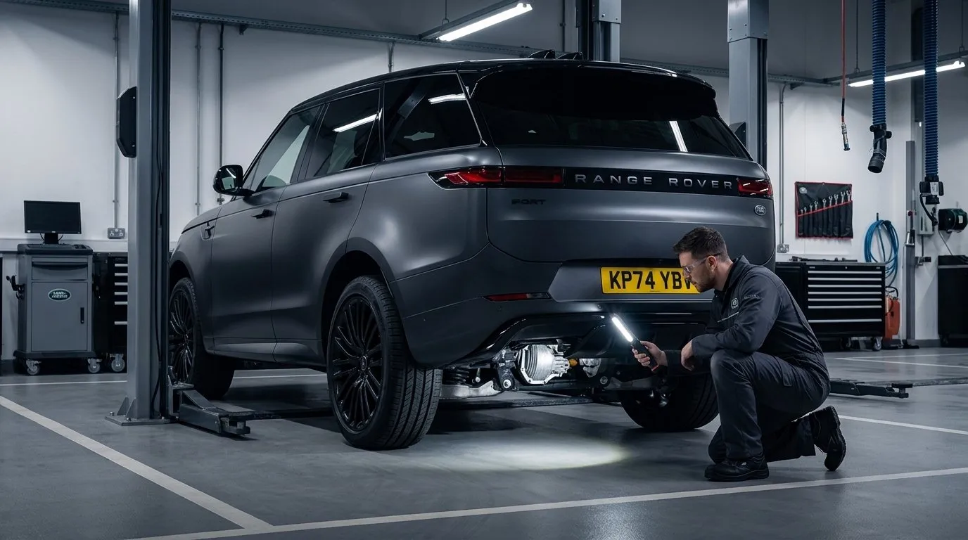 A Range Rover Sport SUV raised on a vehicle lift in a garage while a technician examines the rear aluminum subframe assembly for structural cracks related to NHTSA safety recall twenty-six-V-six-thirteen.