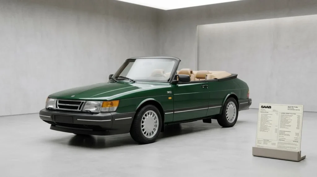 • Front perspective view of a classic 1991 Saab 900 Turbo Convertible in a well-lit showroom representing US market valuation
