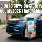 A photorealistic promotional banner showing a woman standing next to a blue SUV in a suburban driveway checking a car insurance policy confirmation screen on her phone, with bold white text overlay reading Save Up to 30% On State Farm Discounts 2026 | AutoAkhbar.