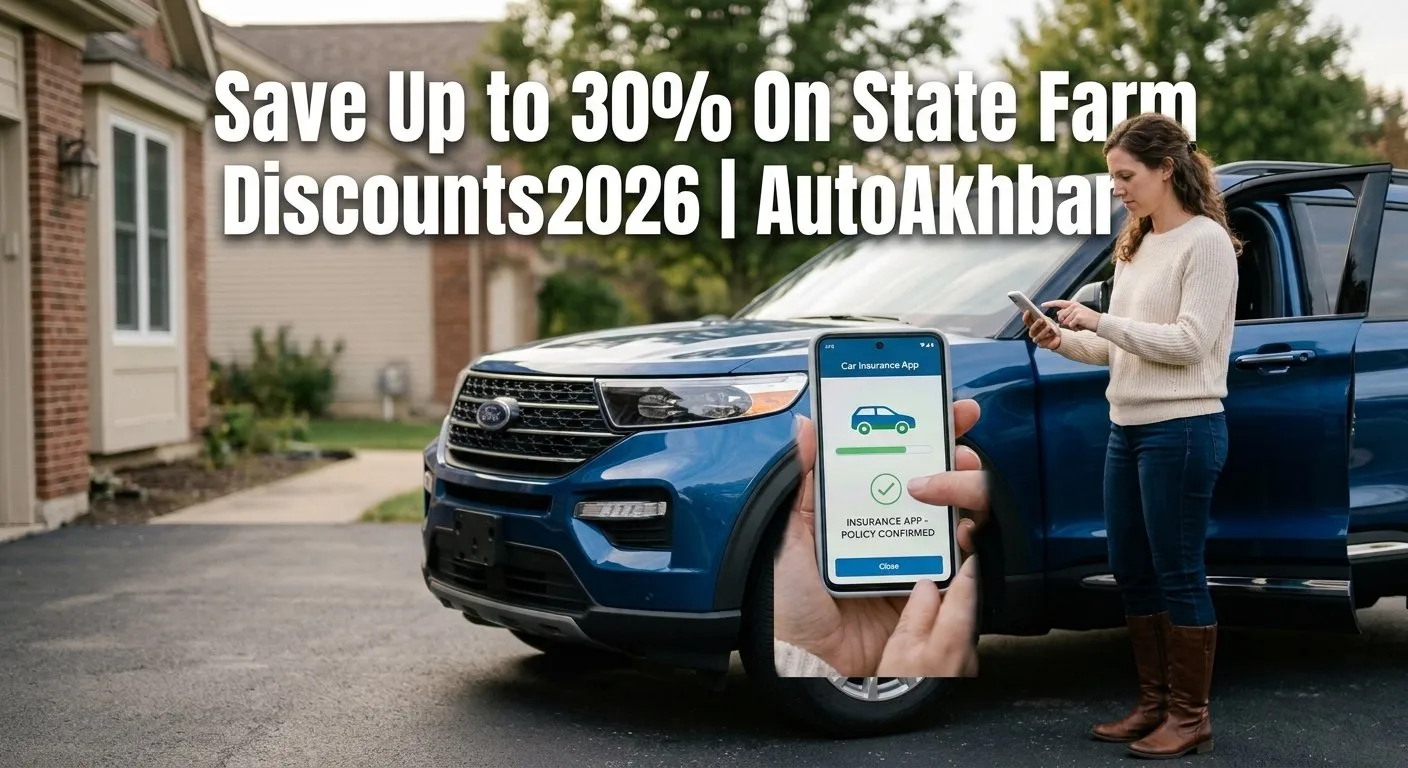 A photorealistic promotional banner showing a woman standing next to a blue SUV in a suburban driveway checking a car insurance policy confirmation screen on her phone, with bold white text overlay reading Save Up to 30% On State Farm Discounts 2026 | AutoAkhbar.