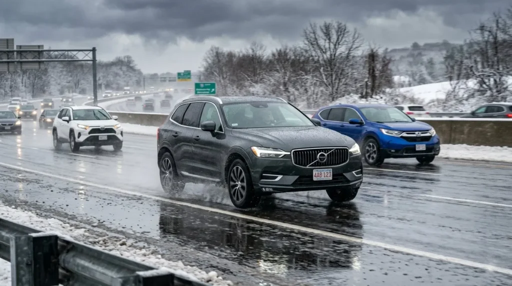 Modern SUV driving on cold slushy highway on winter tires Autoakhbar.com