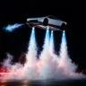 A white, angular Tesla vehicle hovering high in the air against a black night sky, propelled by four powerful vertical columns of blue fire and thick white smoke blasting toward the ground.