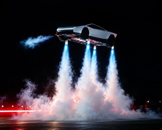 A white, angular Tesla vehicle hovering high in the air against a black night sky, propelled by four powerful vertical columns of blue fire and thick white smoke blasting toward the ground.