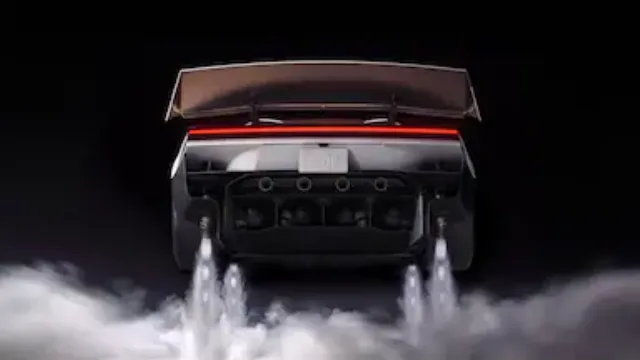 Rear view of the Tesla Roadster concept with the SpaceX package, showing cold-gas thrusters emitting exhaust and a large rear wing.