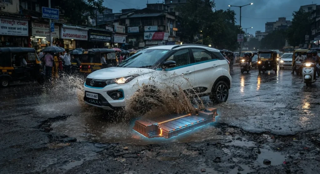 A white electric SUV driving through a deep pothole on a flooded Indian road during a monsoon dusk, showing a glowing cutaway diagram of the vulnerable flat battery pack under the floorpan.