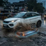 A white electric SUV driving through a deep pothole on a flooded Indian road during a monsoon dusk, showing a glowing cutaway diagram of the vulnerable flat battery pack under the floorpan.