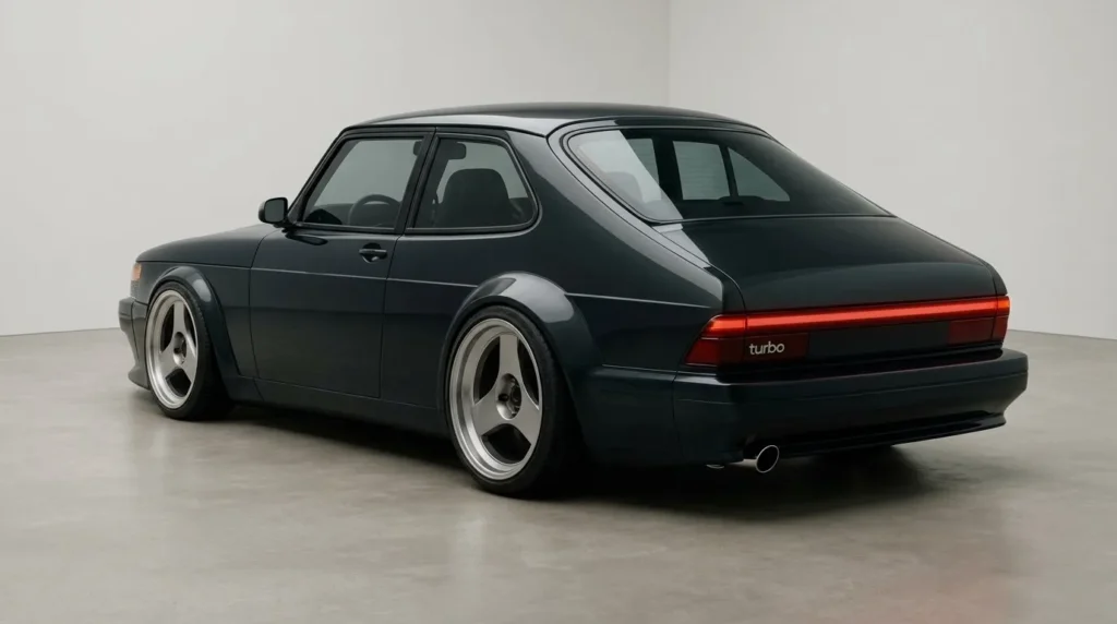 Rear three-quarters view of a classic British racing green 1991 Saab 900 Turbo Convertible displaying its iconic spoiler and turbo branding