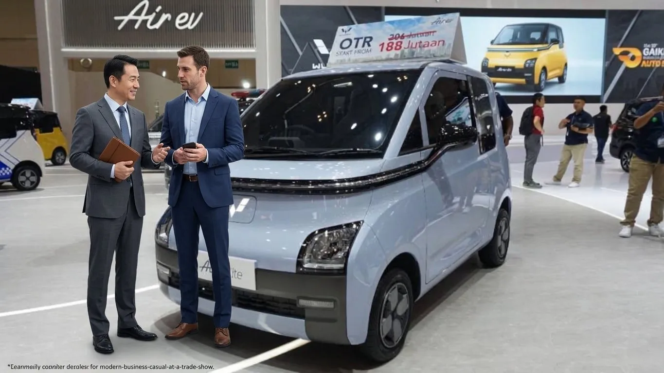 A light blue Wuling Air ev Lite micro electric car displayed at an international auto show booth, with two corporate professionals—one Chinese executive in a charcoal grey suit and one American executive in a navy blue suit—standing next to the vehicle discussing its specifications.